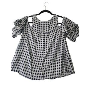 SO Women's Cold Shoulder Top Blouse Medium White Navy Gingham Plaid‎